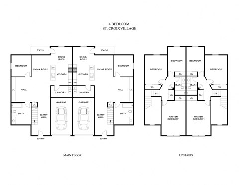 Floor plan for 4 beds, 2 baths, 1500 sqft
